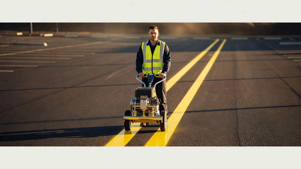 Professional technician applying crisp yellow parking lines on asphalt in Springfield Missouri